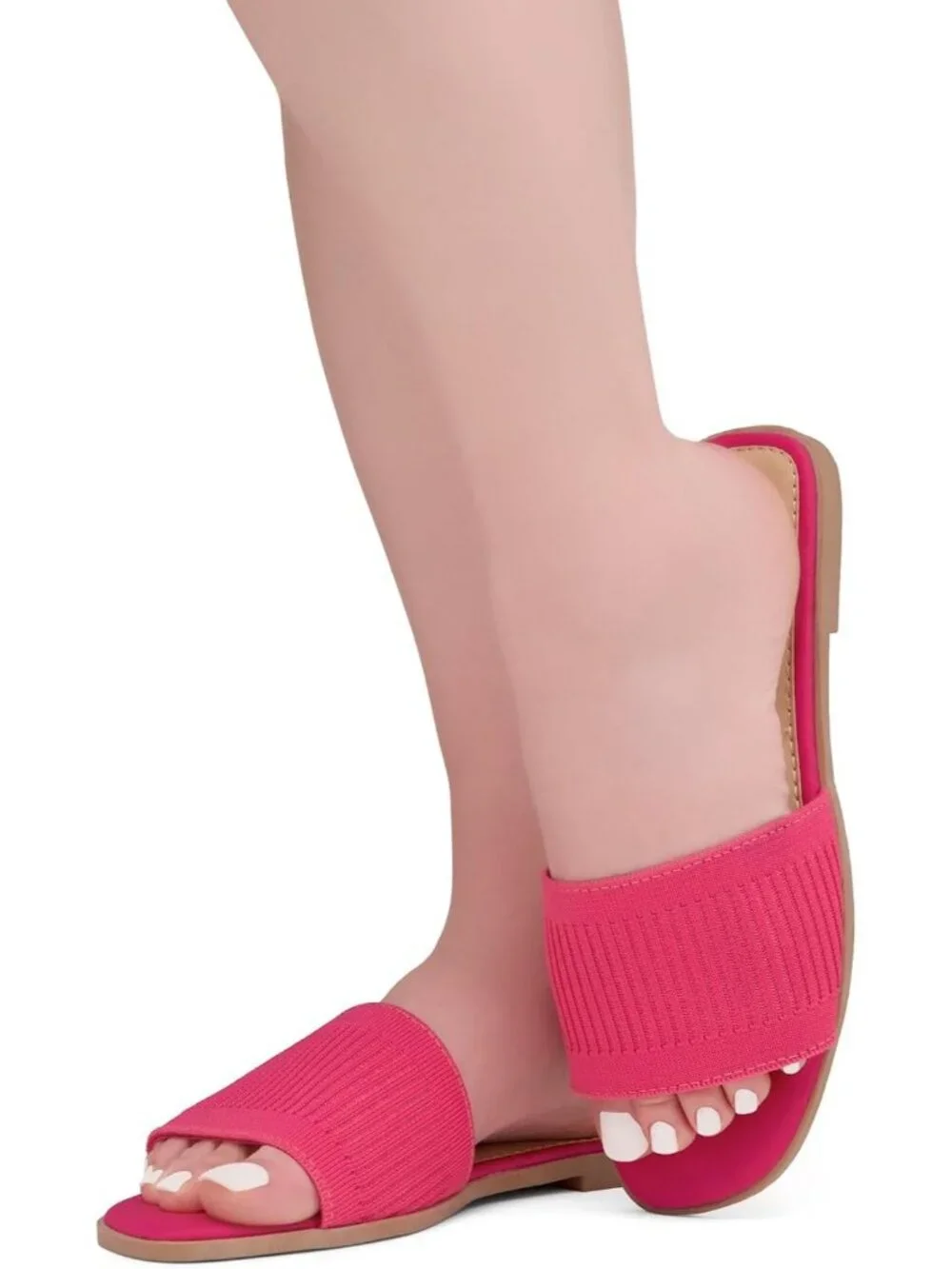 Women's Fuchsiakn Knit Slides Flats Square Open Toe Slip On Dressy Summer Shoes
